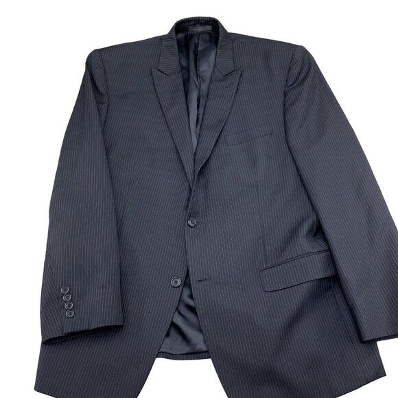 Calvin Klein Blazer Men 44R Black Blue Pinstripe Wool Peak Lapel Suit Jacket VTG - Picture 1 of 14